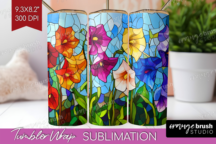Stained Glass Tumbler Wrap - Flowers Tumbler PNG Sublimation