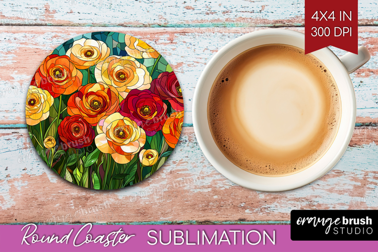 Stained Glass Round Coaster - Flowers Coaster PNG