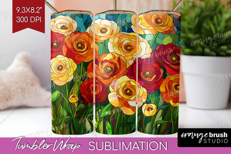 Stained Glass Tumbler Wrap - Flowers Tumbler PNG Sublimation