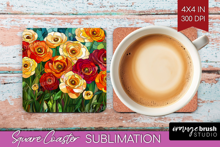Stained Glass Square Coaster - Flowers Coaster PNG