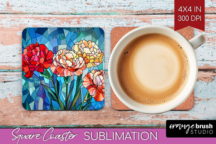 Stained Glass Square Coaster - Flowers Coaster PNG example image 1
