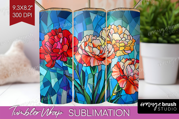 Stained Glass Tumbler Wrap - Flowers Tumbler PNG Sublimation