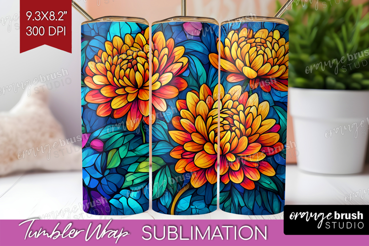 Stained Glass Tumbler Wrap - Flowers Tumbler PNG Sublimation