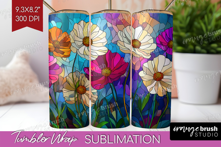 Stained Glass Tumbler Wrap - Flowers Tumbler PNG Sublimation