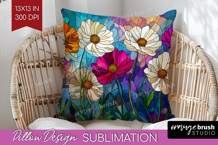Stained Glass Pillow Sublimation - Flowers Pillow Cover PNG