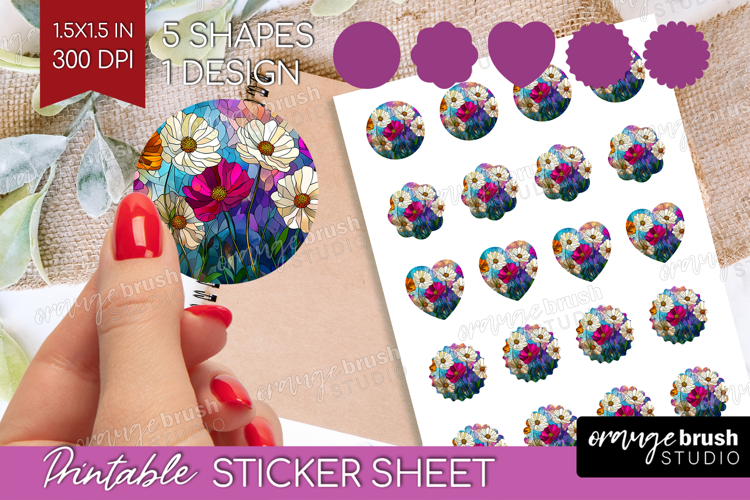 Stained Glass Round Sticker - Flowers Printable Sticker example image 1