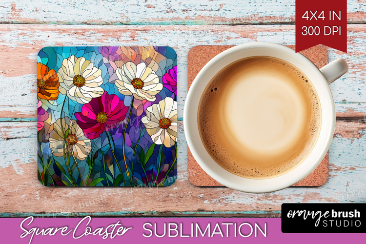Stained Glass Square Coaster - Flowers Coaster PNG