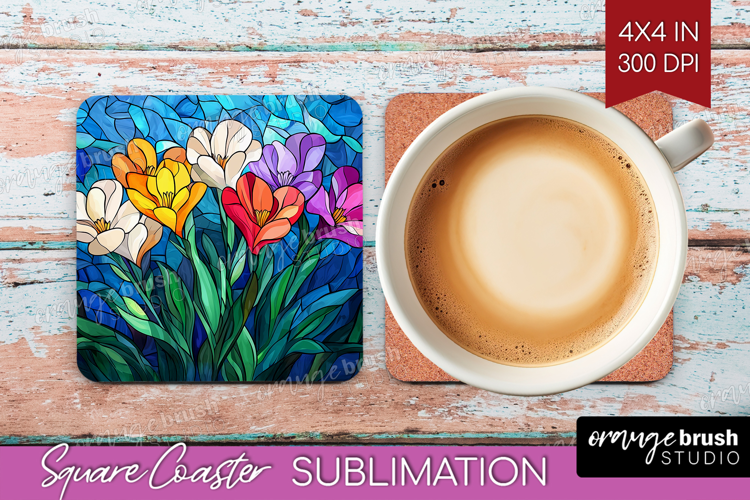 Stained Glass Square Coaster - Flowers Coaster PNG