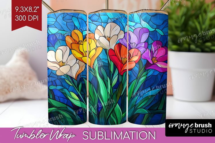 Stained Glass Tumbler Wrap - Flowers Tumbler PNG Sublimation