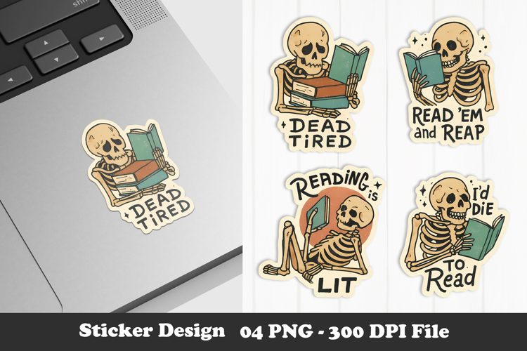Skeleton Reading Sticker Funny Book Lover Gothic PNG
