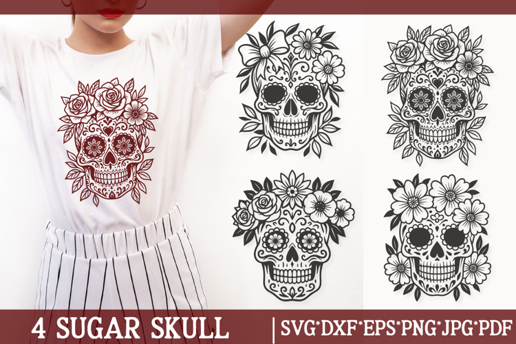 4 Sugar Skull SVG Cut Files|Floral Dia de los Muertos Design