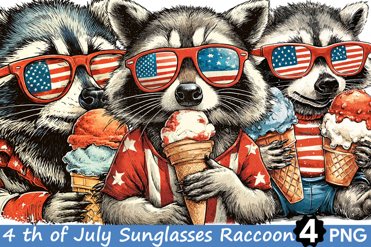 4 th of July Sunglasses Raccoon Clipart