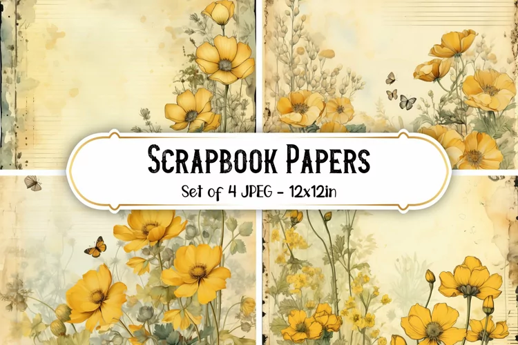 4 Vintage Buttercup Flower Scrapbook Paper Backgrounds