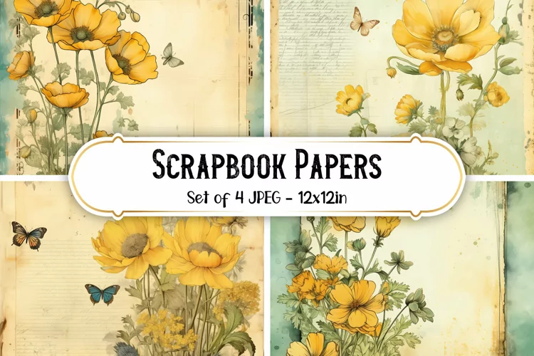 4 Vintage Buttercup Flower Scrapbook Paper Backgrounds