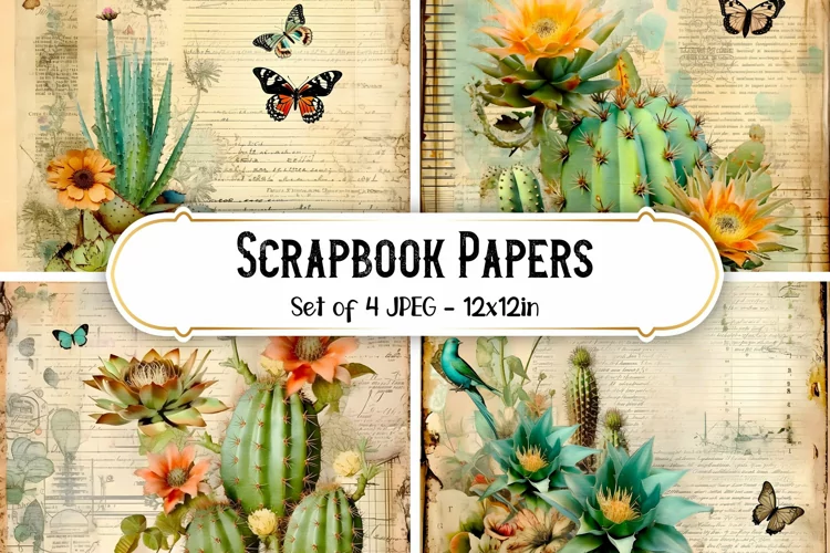 4 Vintage Cactus Scrapbook Paper Backgrounds