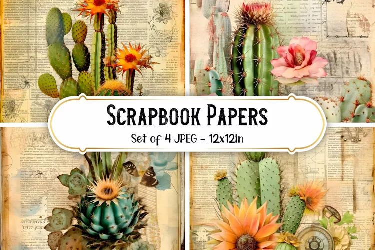 4 Vintage Cactus Scrapbook Paper Backgrounds