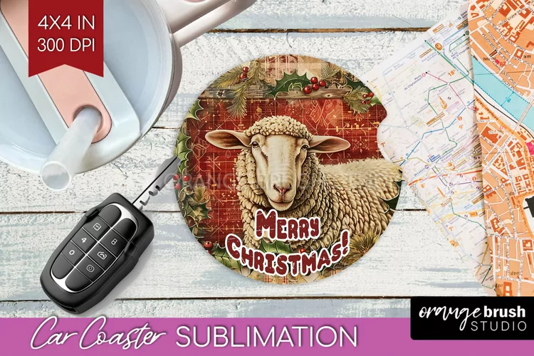 Vintage Christmas Car Coaster PNG - Xmas Coaster Sublimatoin