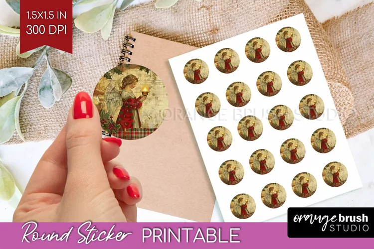 Vintage Christmas Round Sticker - Retro Printable Stickers