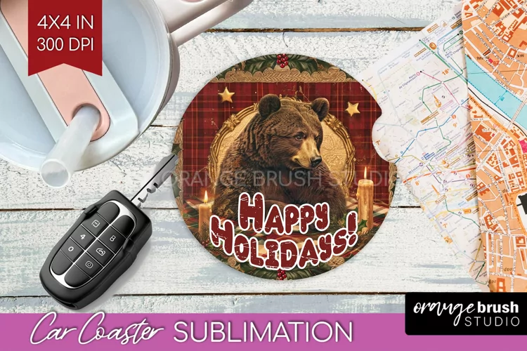 Vintage Christmas Car Coaster PNG - Xmas Coaster Sublimatoin