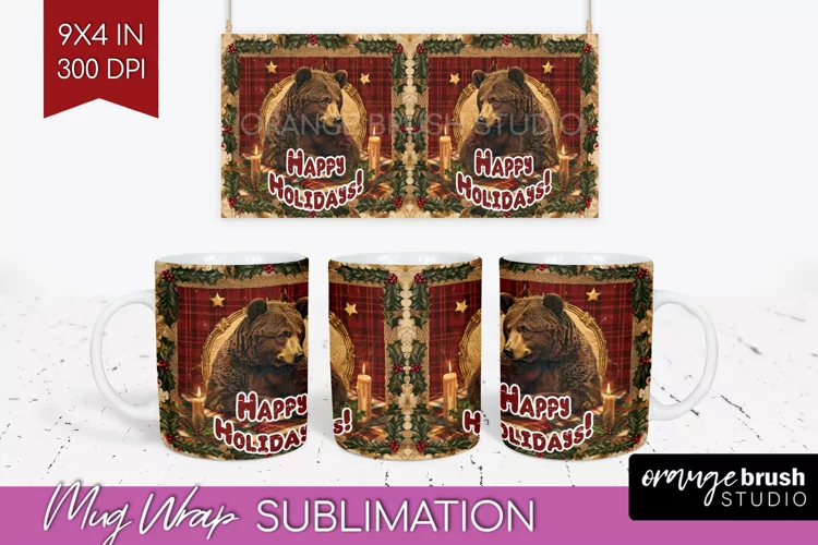 Vintage Christmas Mug Wrap - Retro Xmas 15Oz Mug Sublimation
