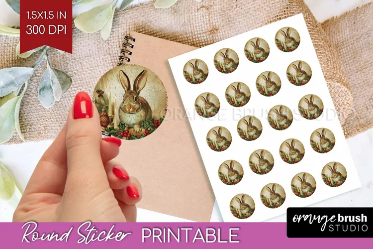 Vintage Christmas Round Sticker - Retro Printable Stickers