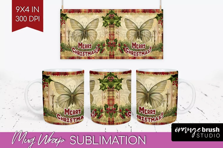 Vintage Christmas Mug Wrap - Retro Xmas 15Oz Mug Sublimation
