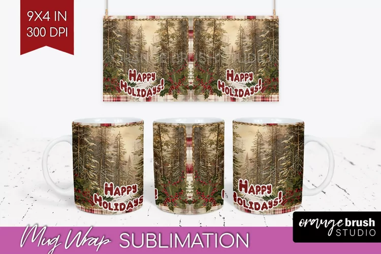 Vintage Christmas Mug Wrap - Retro Xmas 15Oz Mug Sublimation