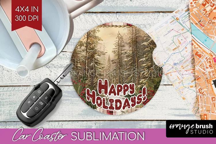 Vintage Christmas Car Coaster PNG - Xmas Coaster Sublimatoin