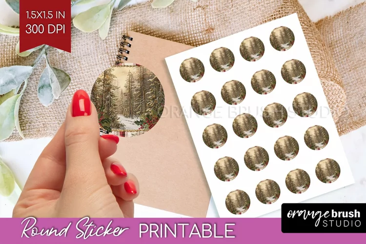 Vintage Christmas Round Sticker - Retro Printable Stickers