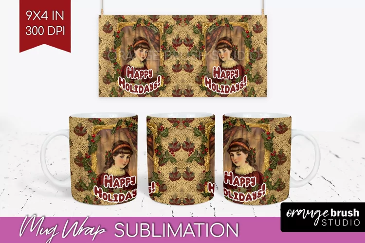 Vintage Christmas Mug Wrap - Retro Xmas 15Oz Mug Sublimation