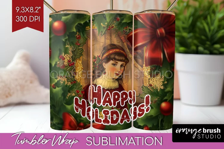 Vintage Christmas Tumbler Wrap - Xmas Tumbler Sublimation