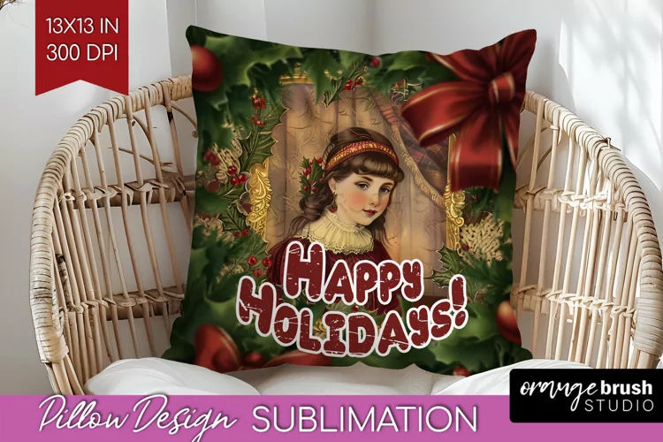 Vintage Christmas Pillow Sublimation - Xmas Pillow Cover PNG