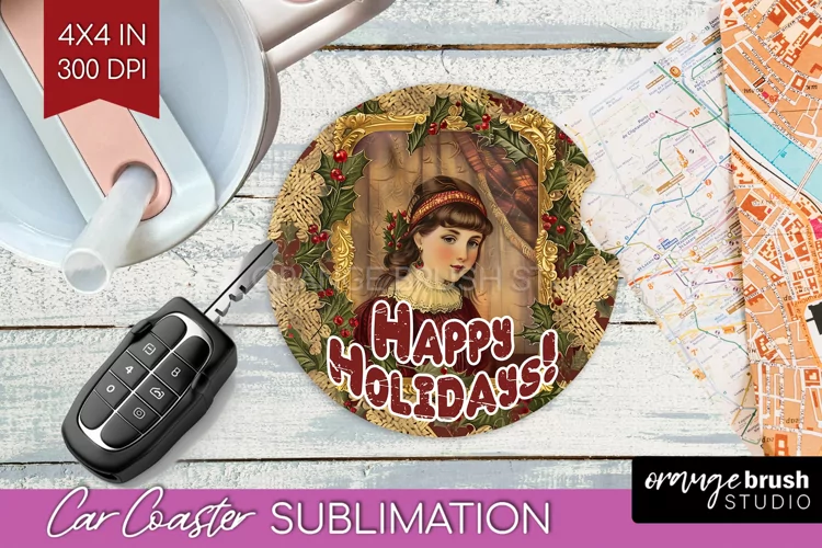 Vintage Christmas Car Coaster PNG - Xmas Coaster Sublimatoin