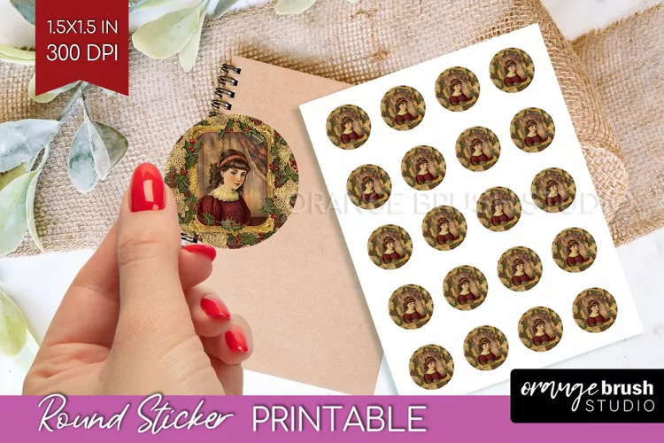 Vintage Christmas Round Sticker - Retro Printable Stickers