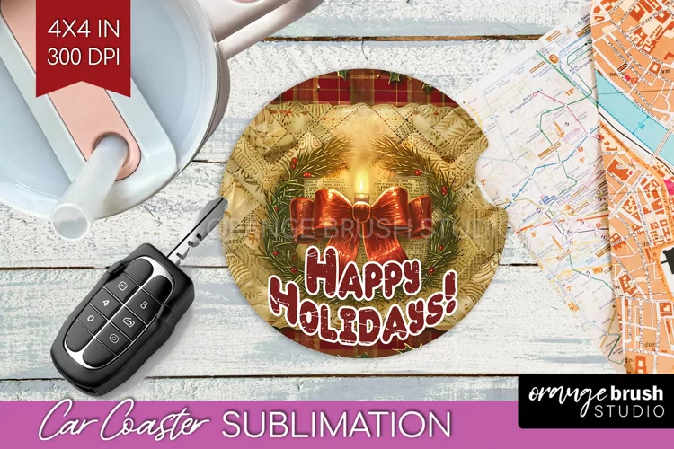 Vintage Christmas Car Coaster PNG - Xmas Coaster Sublimatoin