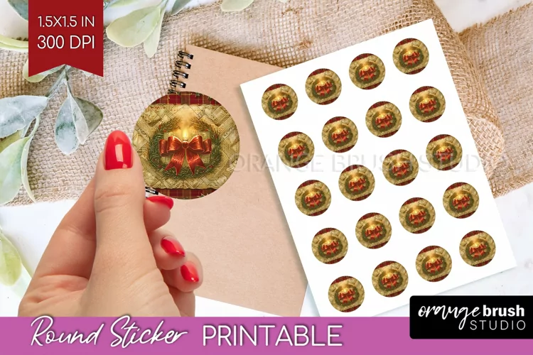 Vintage Christmas Round Sticker - Retro Printable Stickers