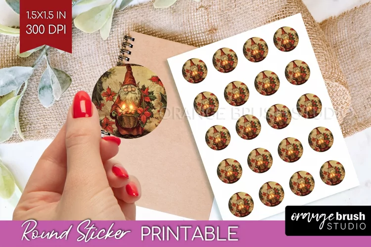 Vintage Christmas Round Sticker - Retro Printable Stickers