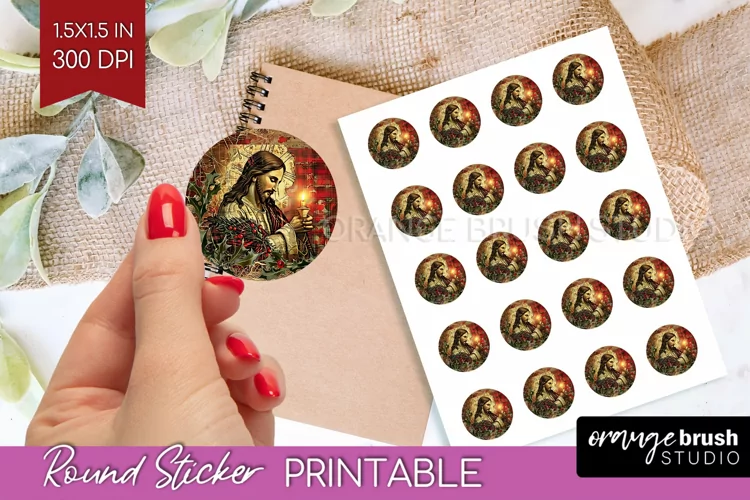 Vintage Christmas Round Sticker - Retro Printable Stickers