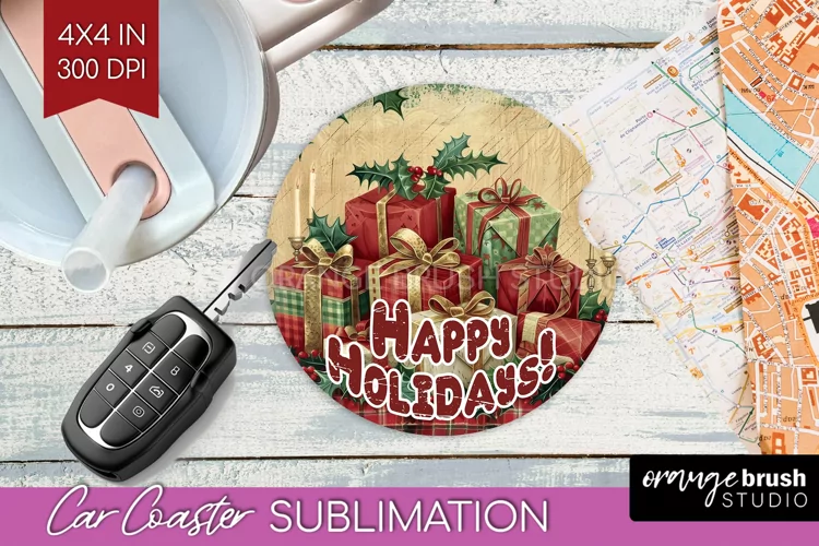 Vintage Christmas Car Coaster PNG - Xmas Coaster Sublimatoin