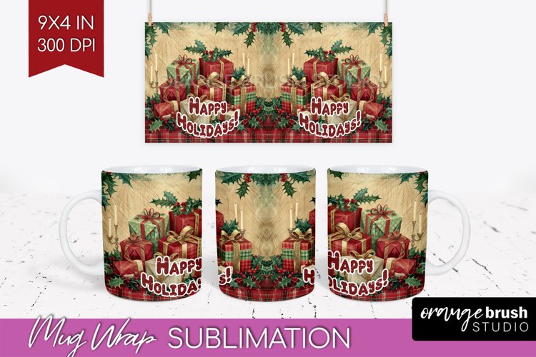 Vintage Christmas Mug Wrap - Retro Xmas 15Oz Mug Sublimation example image 1