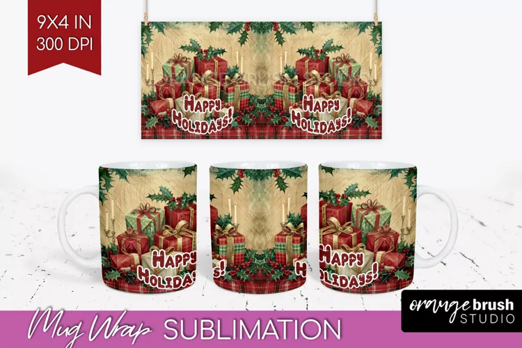 Vintage Christmas Mug Wrap - Retro Xmas 15Oz Mug Sublimation