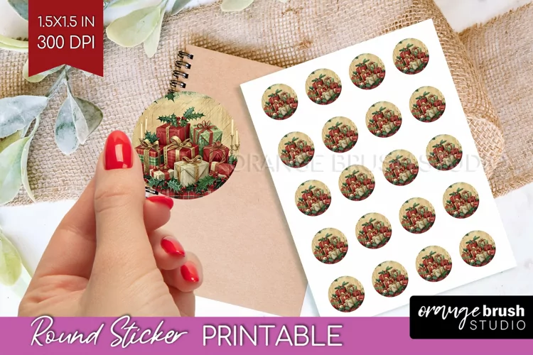 Vintage Christmas Round Sticker - Retro Printable Stickers