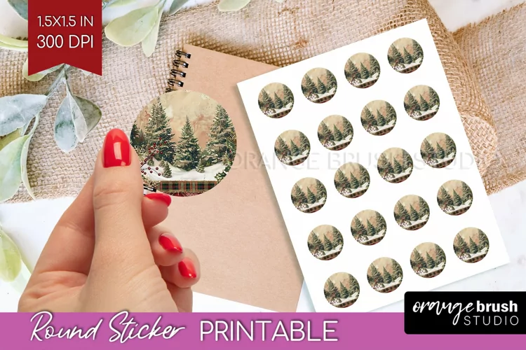 Vintage Christmas Round Sticker - Retro Printable Stickers