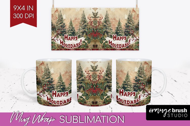 Vintage Christmas Mug Wrap - Retro Xmas 15Oz Mug Sublimation example image 1