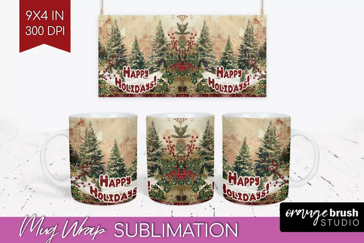 Vintage Christmas Mug Wrap - Retro Xmas 15Oz Mug Sublimation
