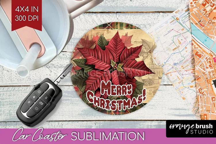 Vintage Christmas Car Coaster PNG - Xmas Coaster Sublimatoin