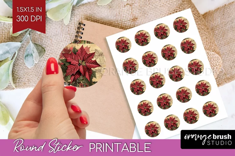 Vintage Christmas Round Sticker - Retro Printable Stickers