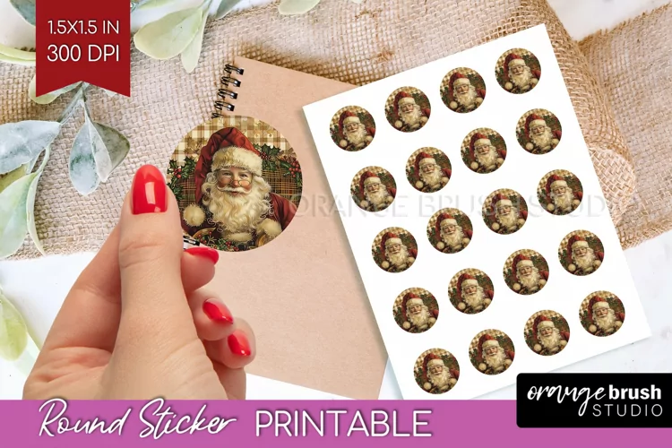 Vintage Christmas Round Sticker - Retro Printable Stickers