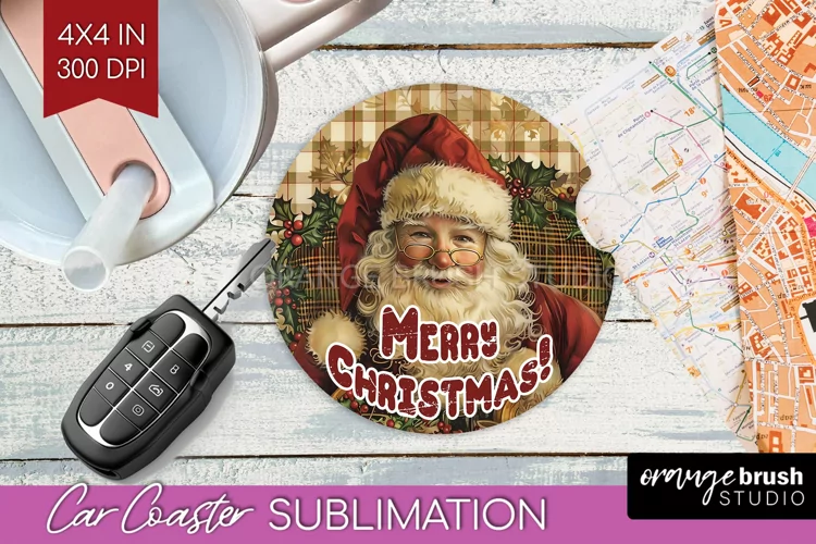 Vintage Christmas Car Coaster PNG - Xmas Coaster Sublimatoin