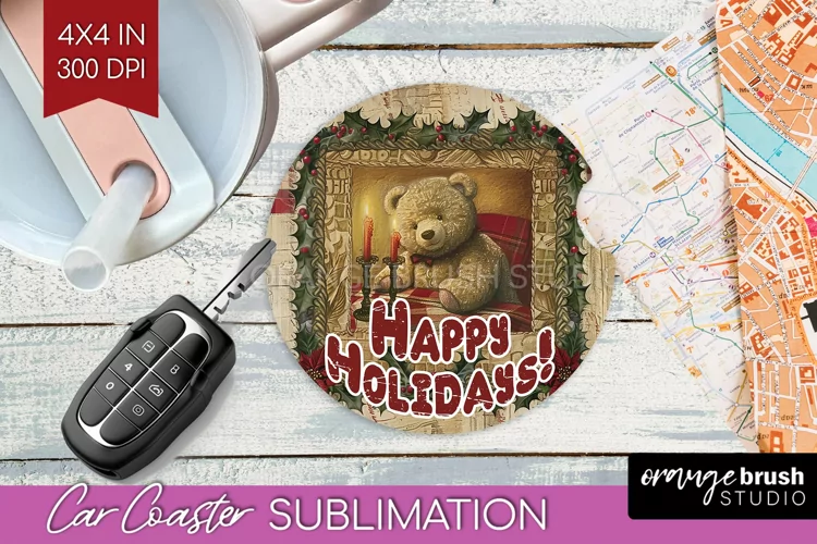 Vintage Christmas Car Coaster PNG - Xmas Coaster Sublimatoin